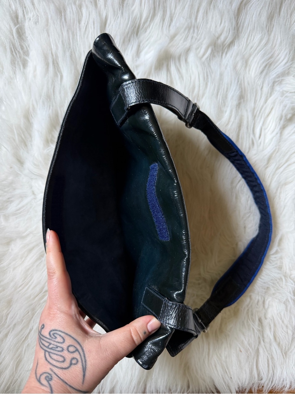 Vintage Miu Miu Blue Black Shiny Leather Wet Look Buckle Mini Shoulder Bag - Picture 5 of 14